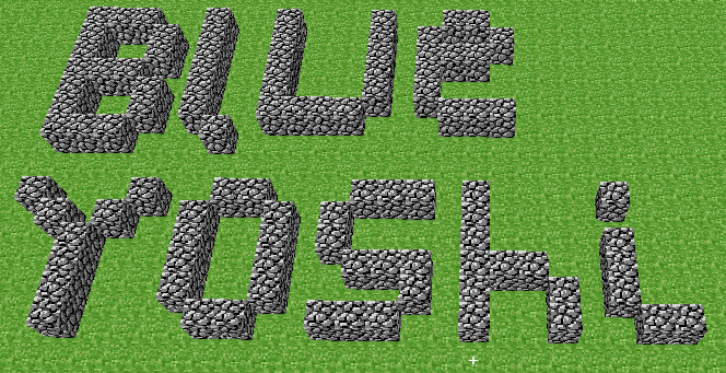 BlueYoshi text made of cobblestone on grass